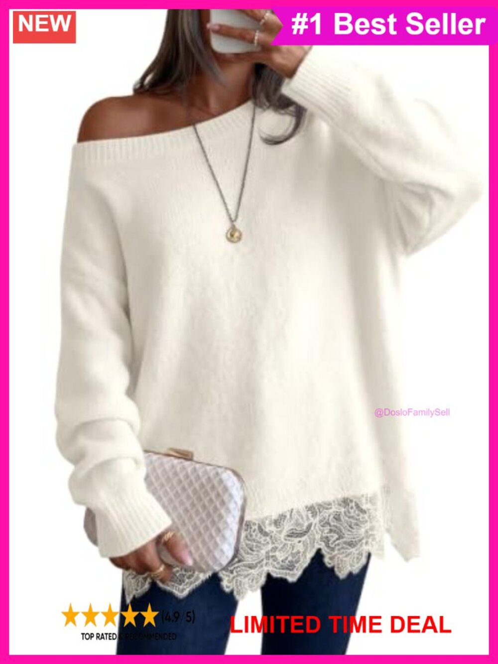 Lace Patchwork Boat Neck Pullover Sweater Long Sleeve Knit Top